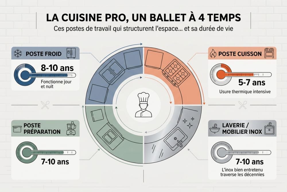 Quels postes de travail structurent une cuisine pro ?