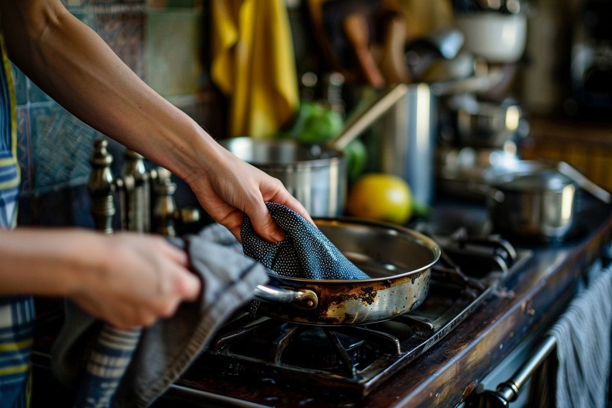 Hands wiping down a set of cooking tools with a rust inhibitor