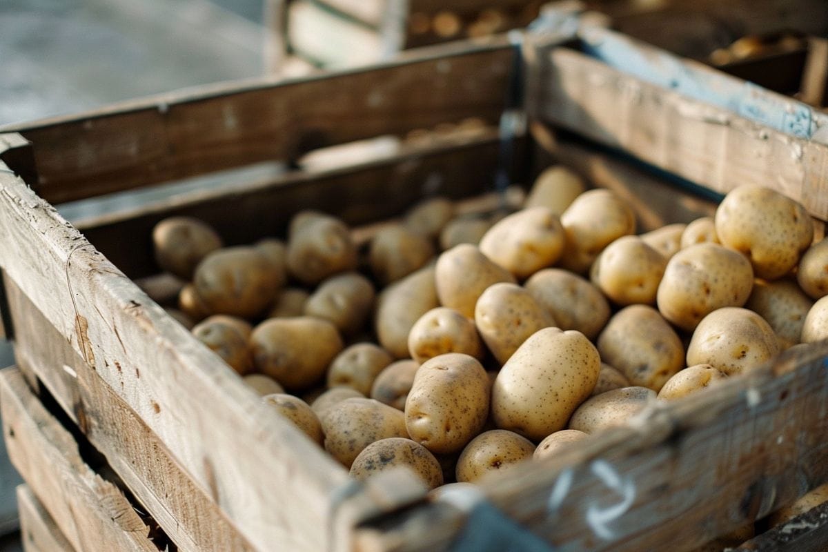 Closeup of sorting potatoes in a wooden crate to prevent sprouting
