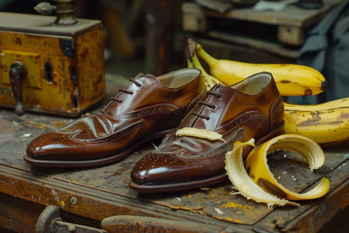 Leather shoes shining after being polished with a banana peel.
