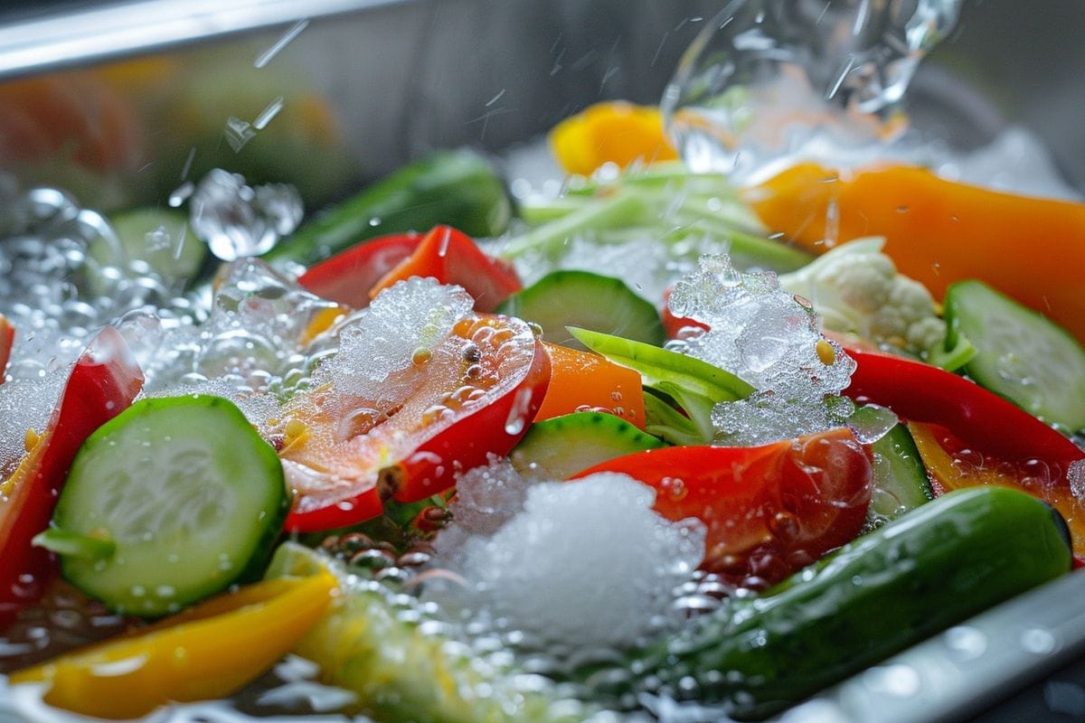 Freshly cut vegetables being blanched in boiling water and then ice water