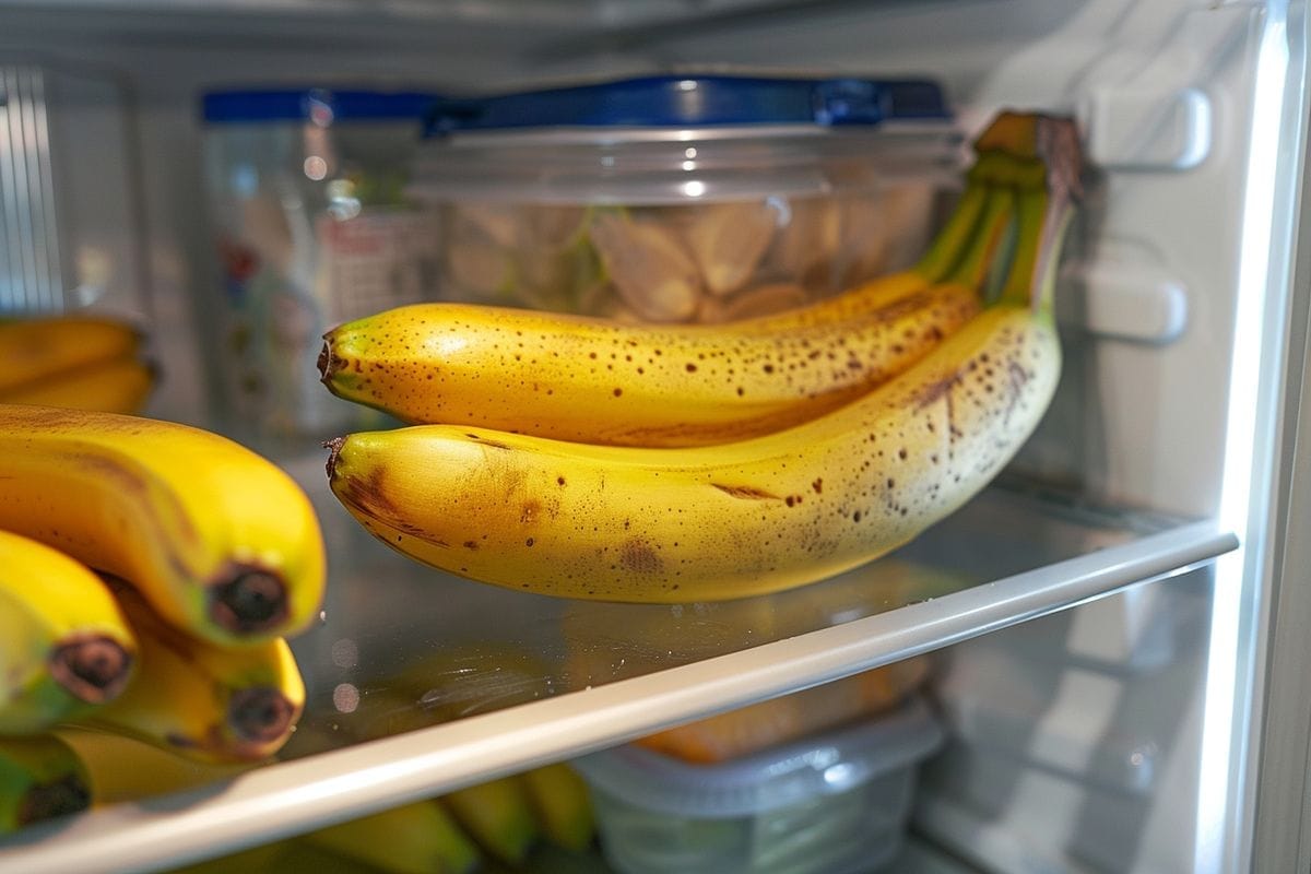 Ripe bananas kept in the fridge to prevent them from spoiling.