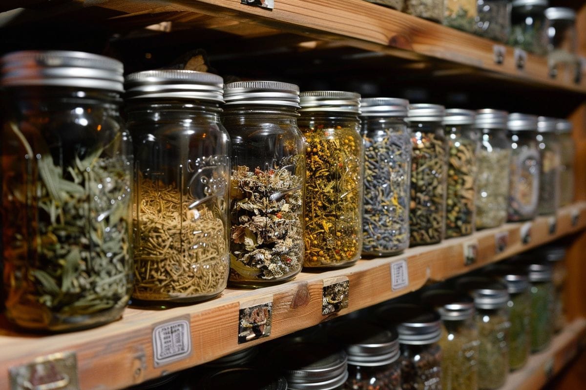Dried herbs and spices stored in labeled jars on a pantry shelf