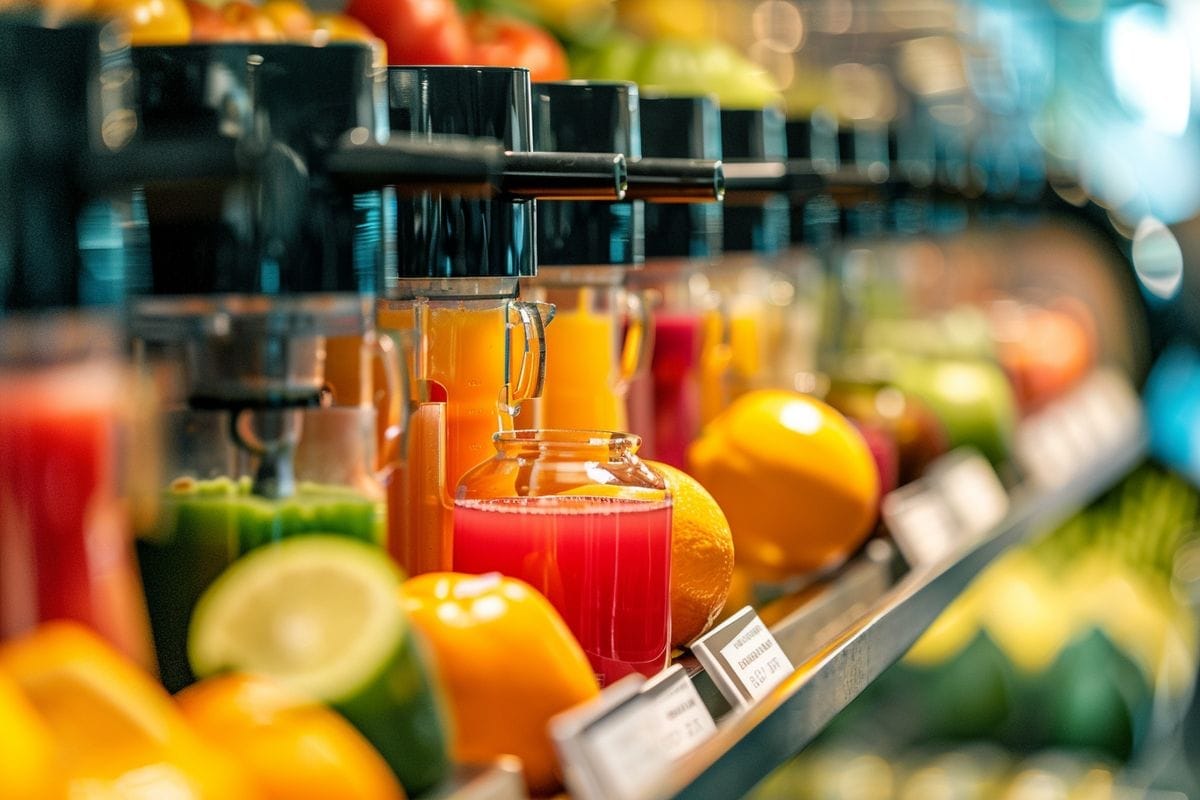 Closeup on price tags of juicers ranging from to