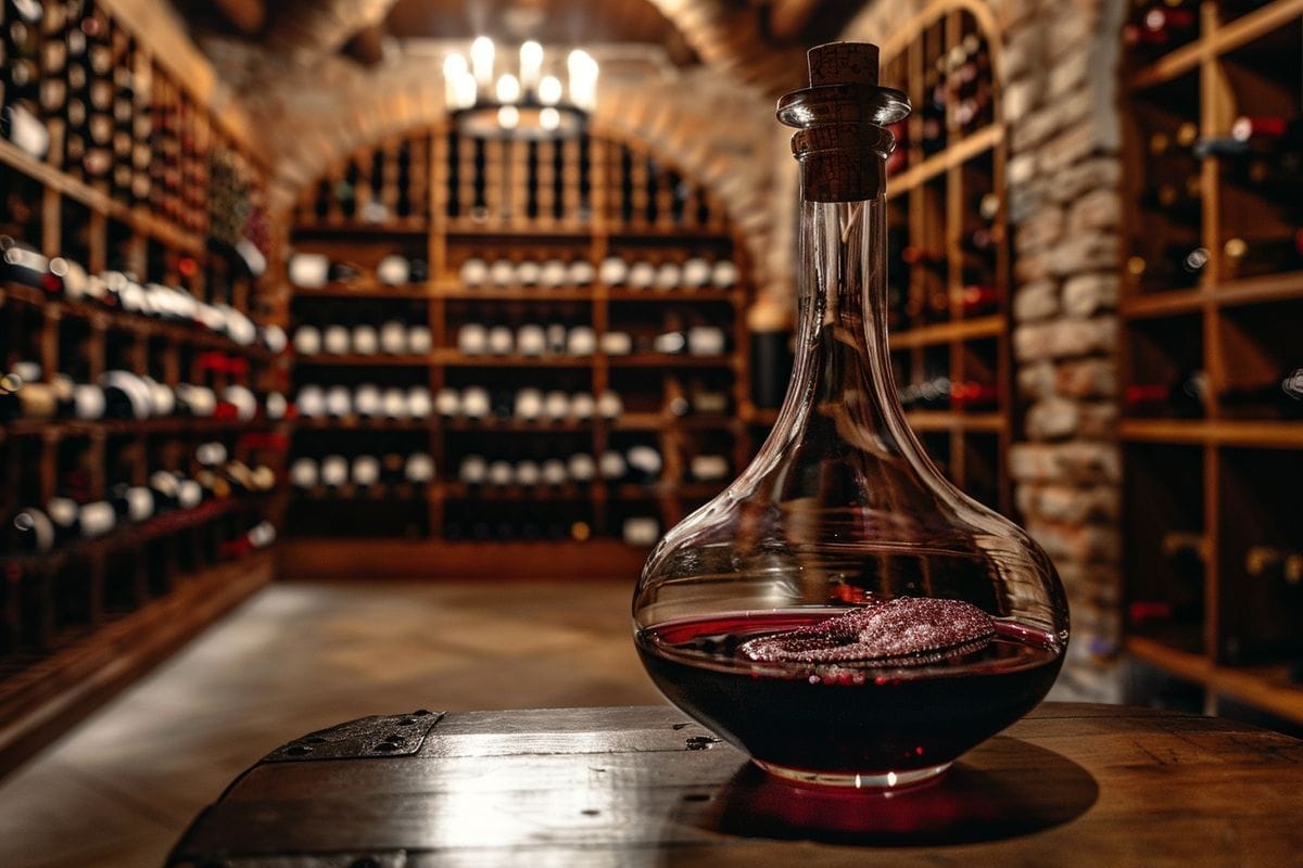 Aged wine decanter displayed in a prestigious wine cellar