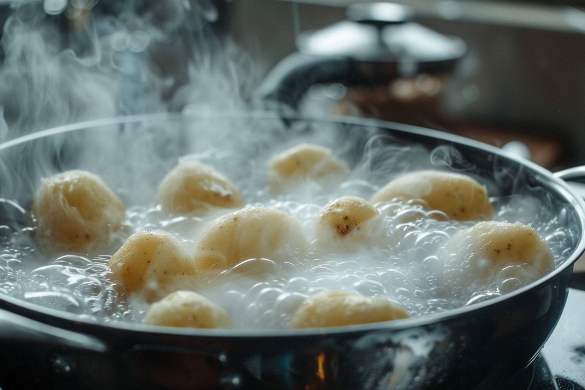 Steam rising from a pot of potatoes cooking in cold water