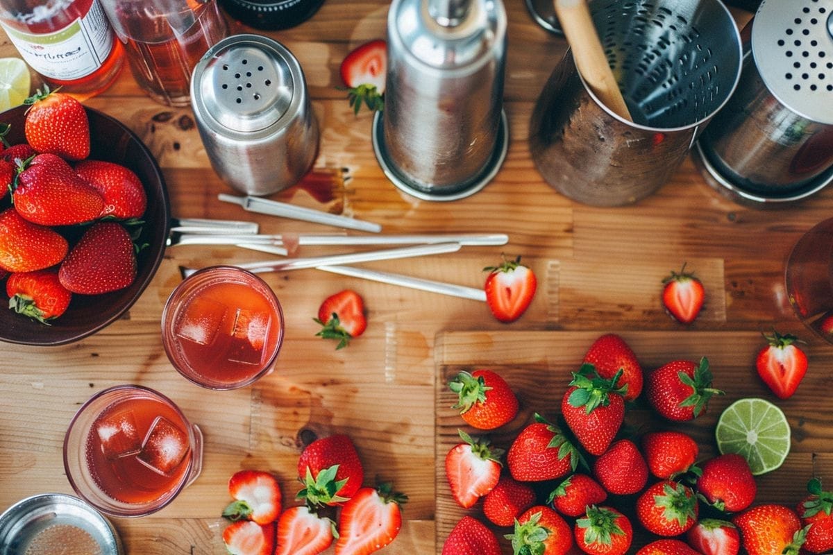 Strawberry cocktail ingredients beautifully arranged on a wooden bar counter.