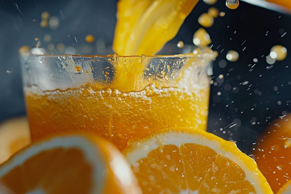Closeup of freshly squeezed orange juice being poured into a glass.
