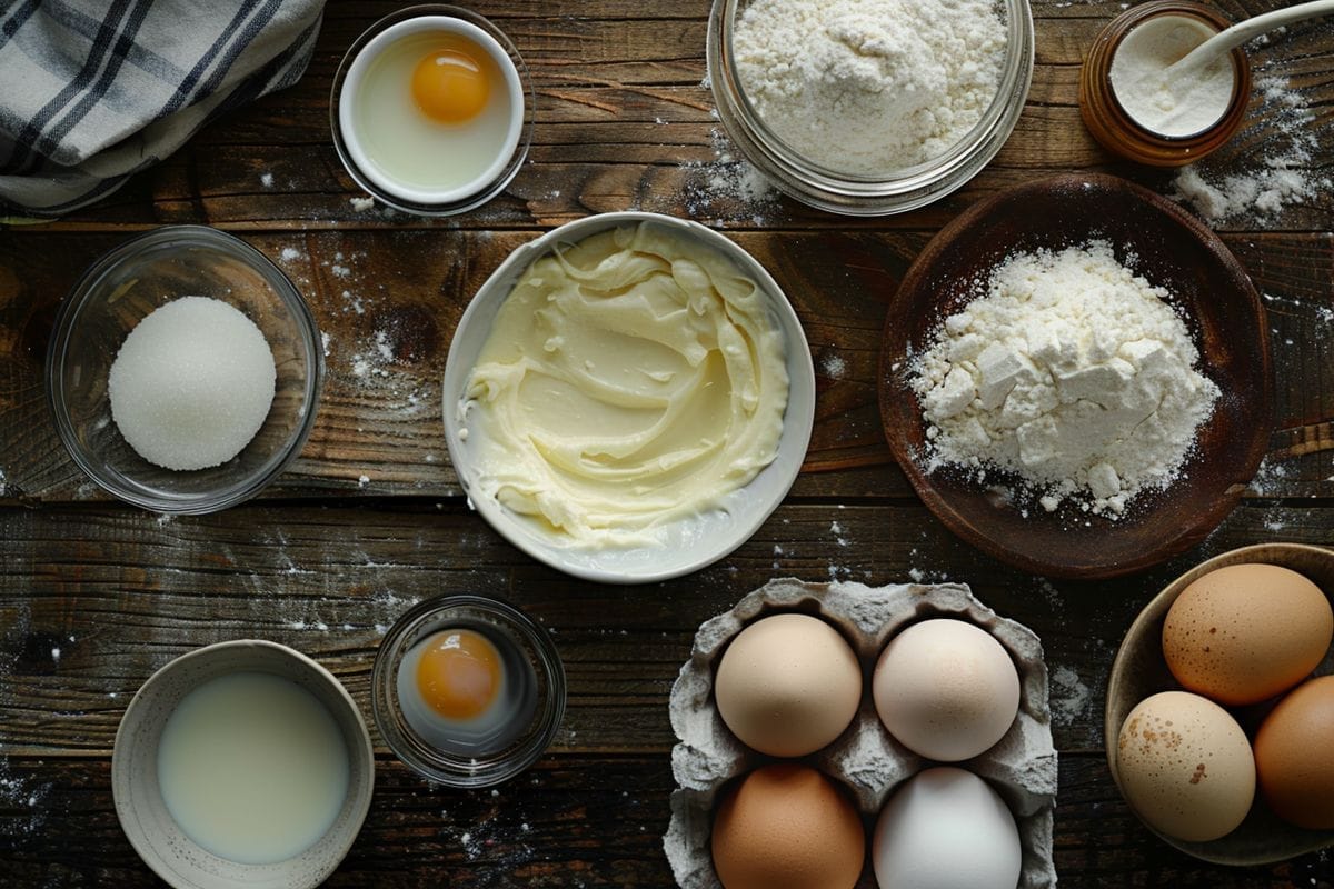Ingredients for light pastry cream: whole milk, sugar, eggs, cornstarch, vanilla extract.