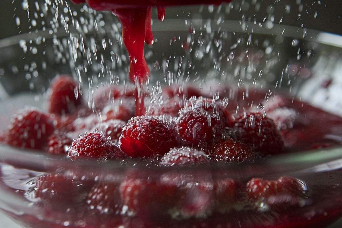 Blending raspberries with sugar to make a smooth sauce for coulis