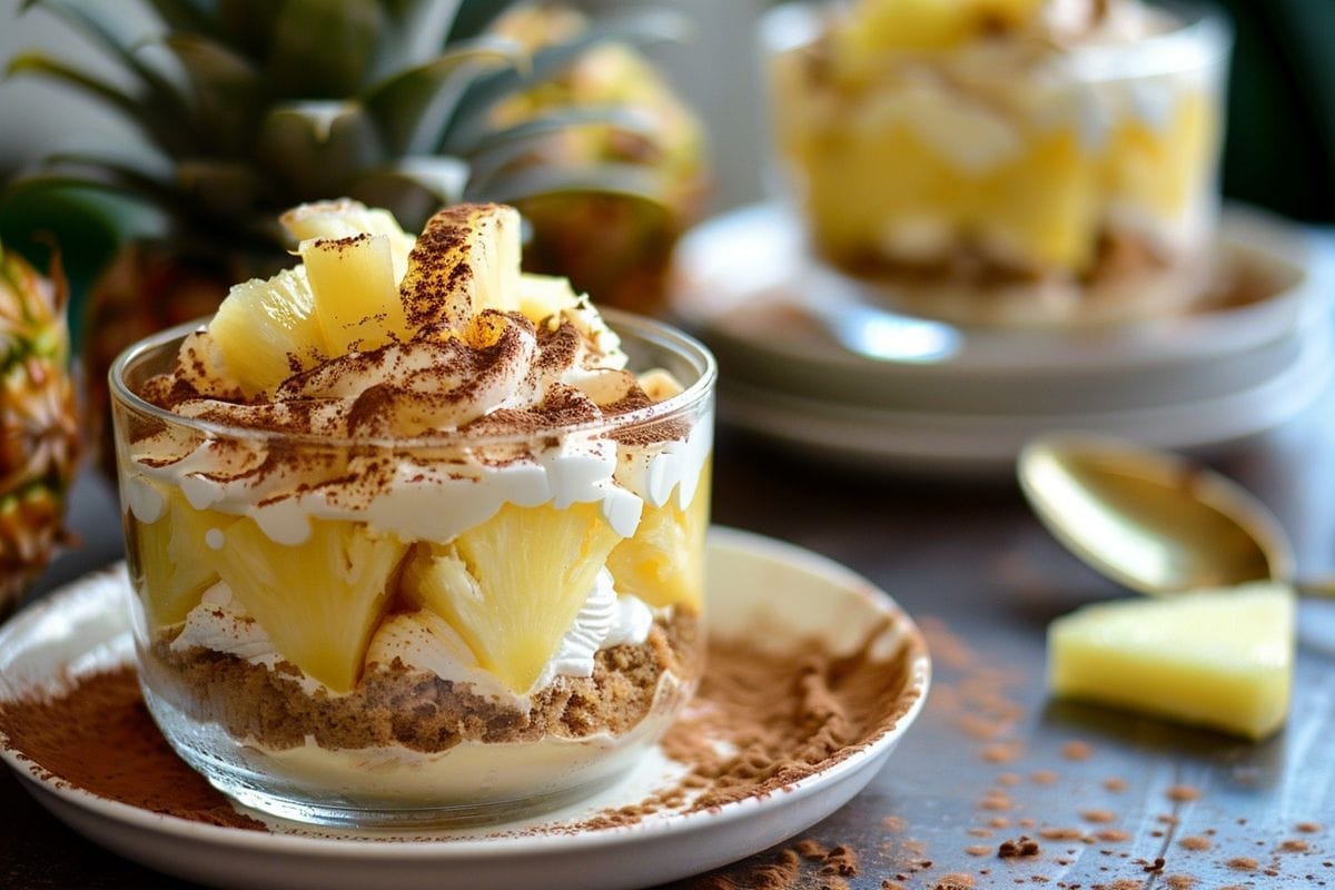 Tiramisu with pineapple without alcohol for a refreshing dessert option.