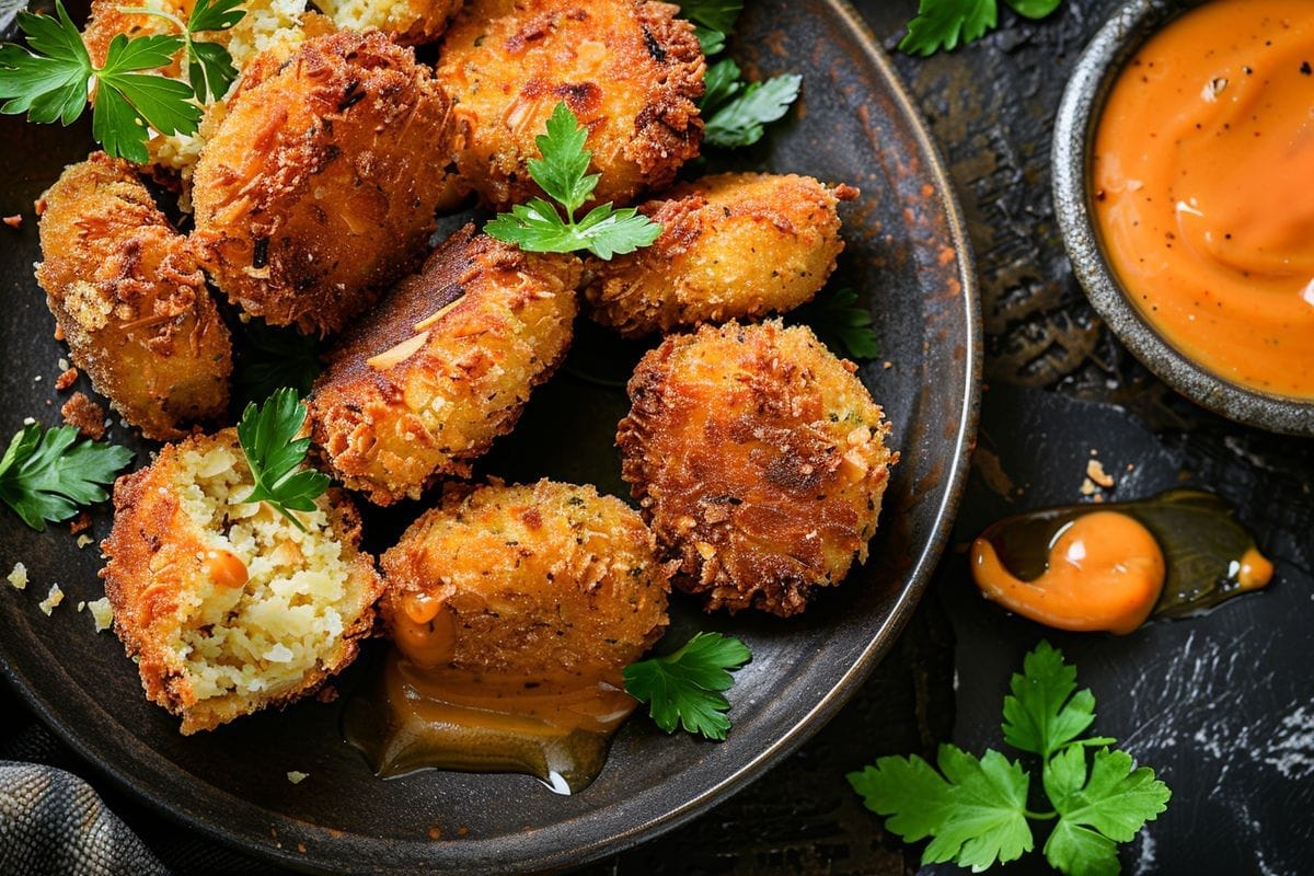 Closeup of delicious almond croquettes served with a flavorful sauce.