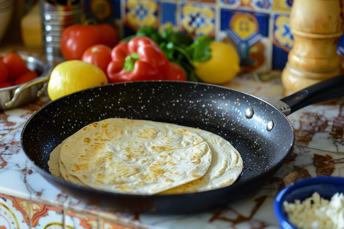 Preparing taco tortillas: heat in a dry pan until golden and soft.
