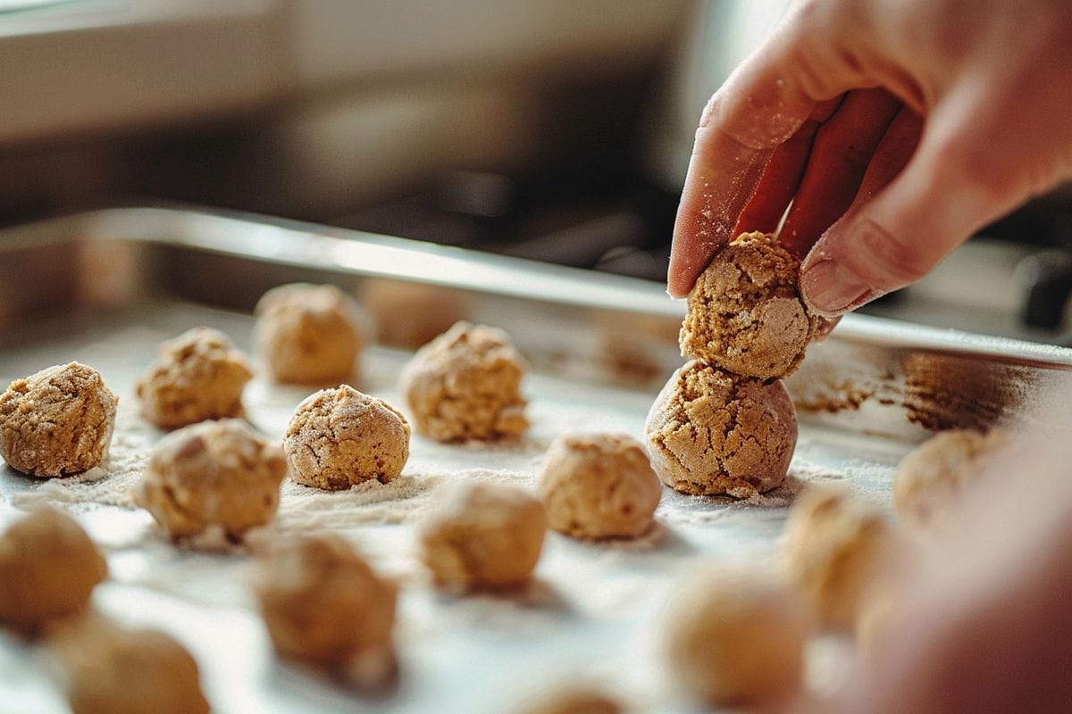 Cookie dough being shaped into small balls for baking.