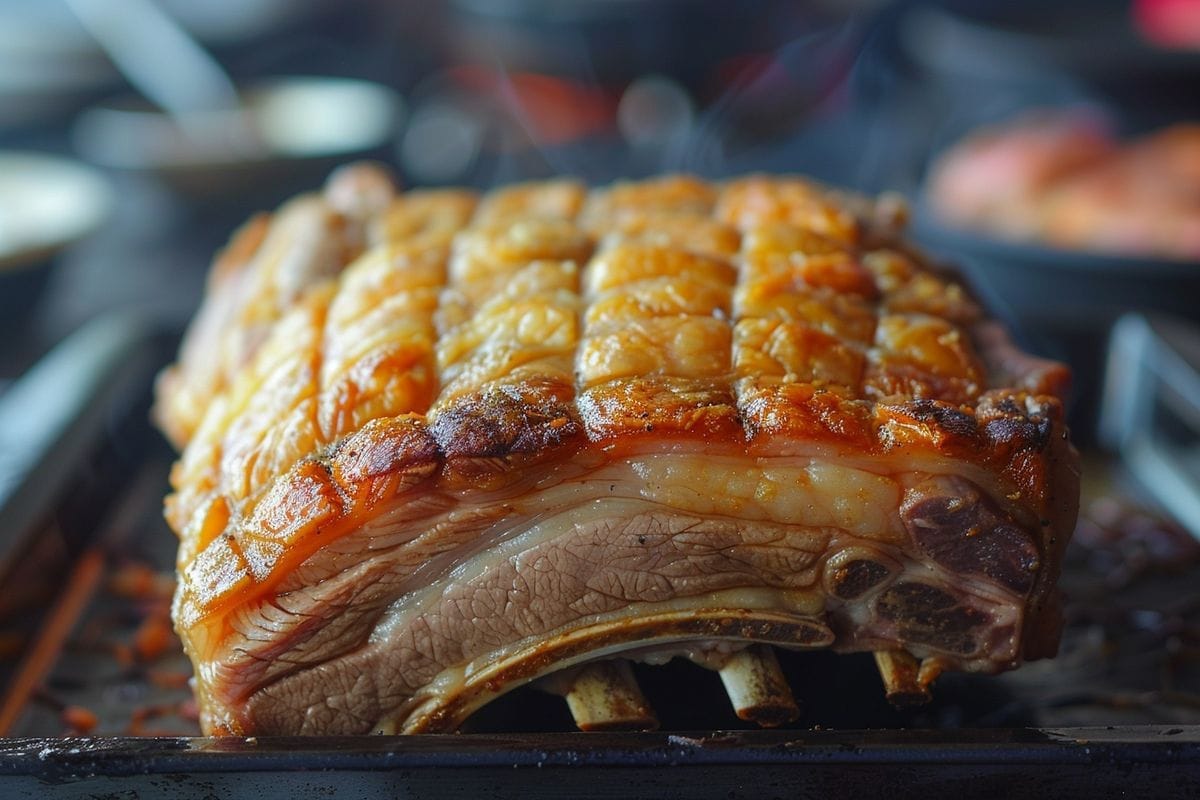 Tender and juicy pork shoulder with crispy golden skin, freshly cooked.