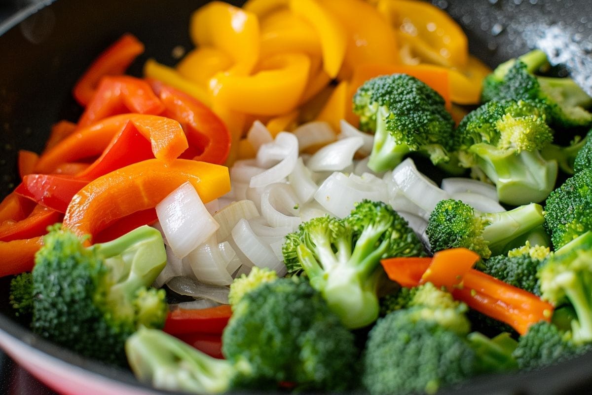 Recommended vegetables for chicken stirfry noodles: bell peppers, onions, carrots, broccoli.