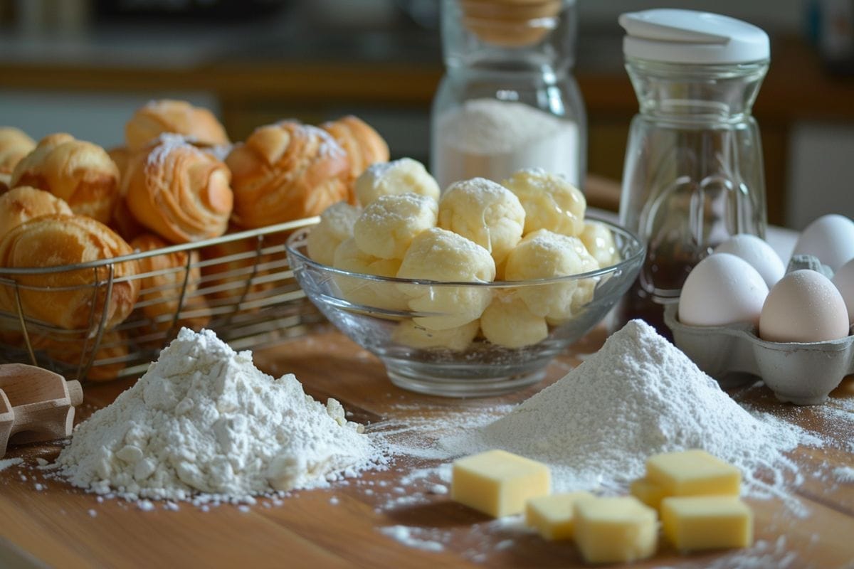 Ingredients needed to make chouquettes: water, butter, salt, sugar, flour, eggs.