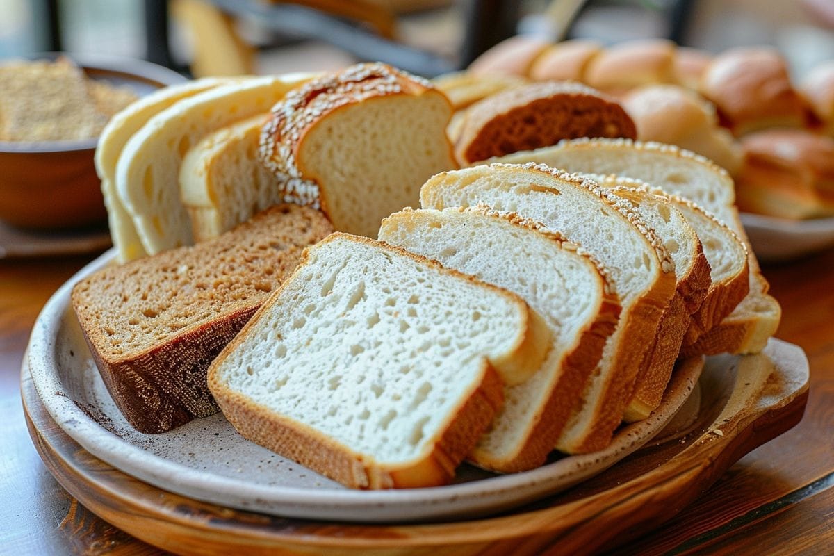 Slices of glutenfree bread with different textures displayed on a plate.