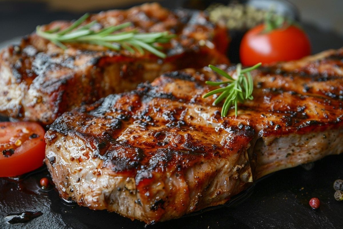 Grilled pork breast with a delicious smoky flavor from the barbecue.