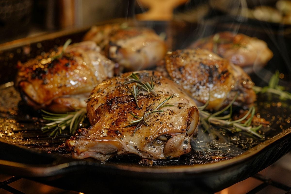 Tender guinea fowl thighs sizzling in the oven at C.