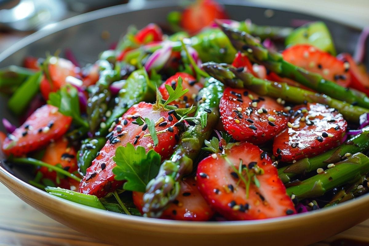 Vibrant purple asparagus salad with a touch of sweetness from strawberries