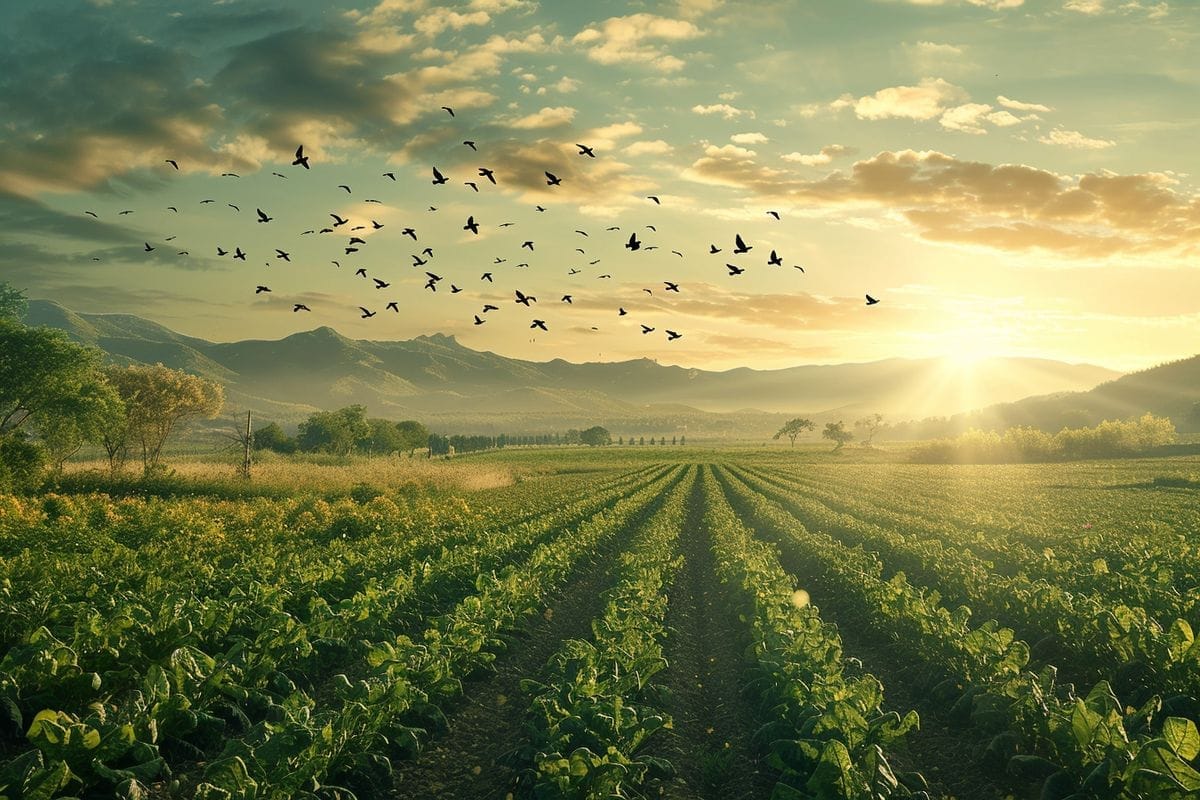 Birds flying over a biodiverse landscape of organic farmland