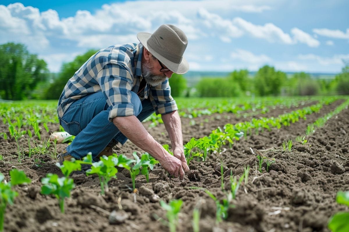 Organic farmer using natural fertilizers and crop rotation in a field