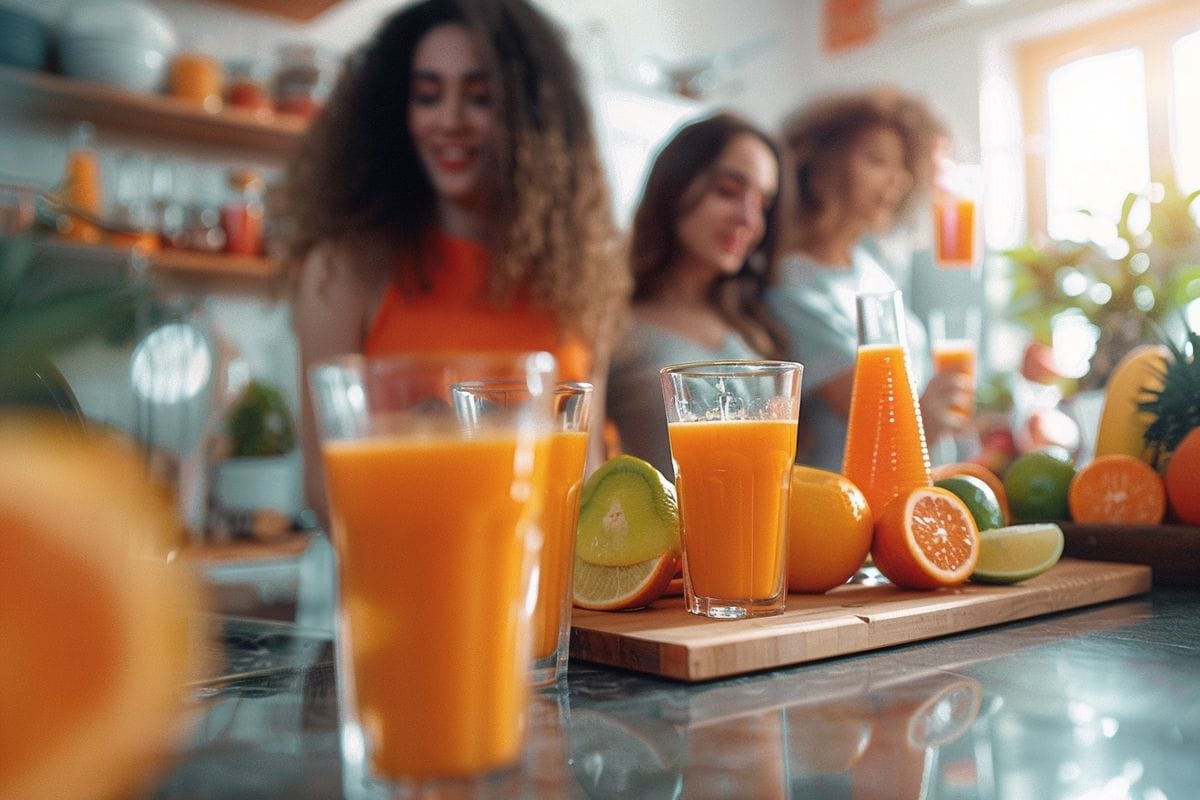 Group of friends enjoying freshly squeezed juices in a sunny kitchen