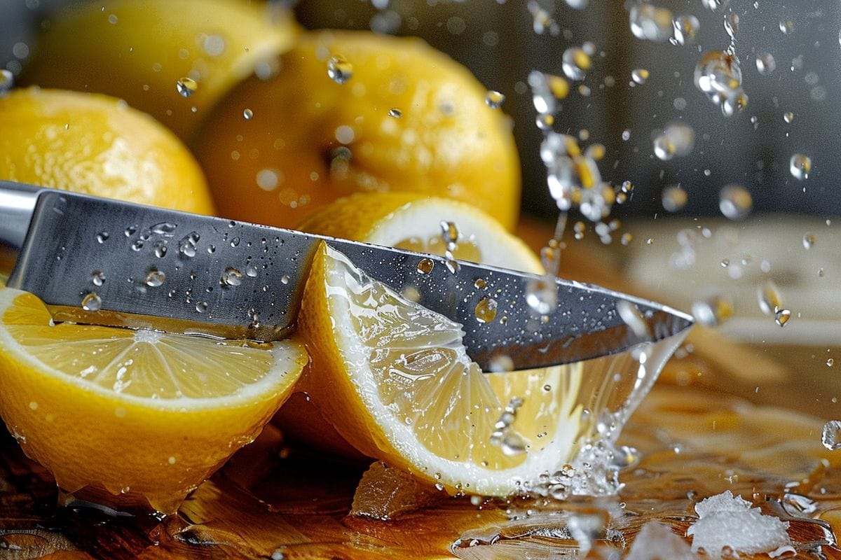 Stainless steel knife cutting through a juicy lemon effortlessly