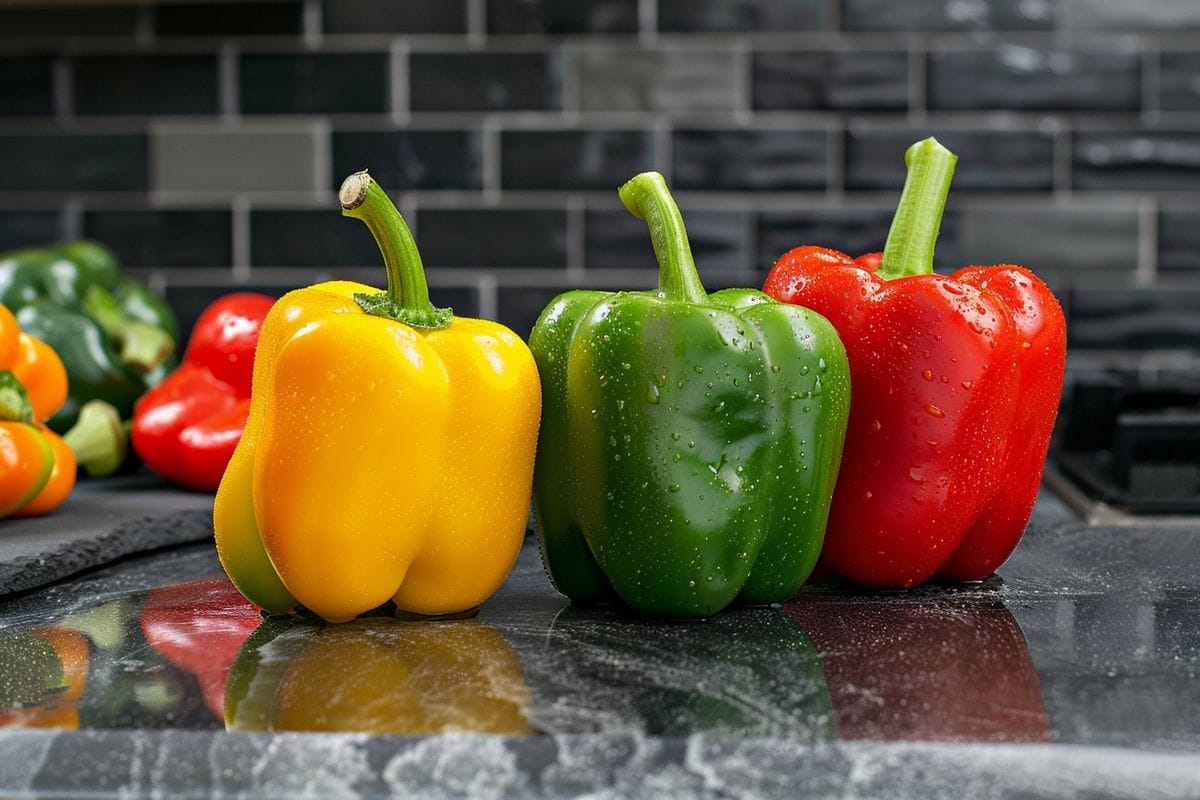 Colorful bell peppers displayed in a kitchen at room temperature