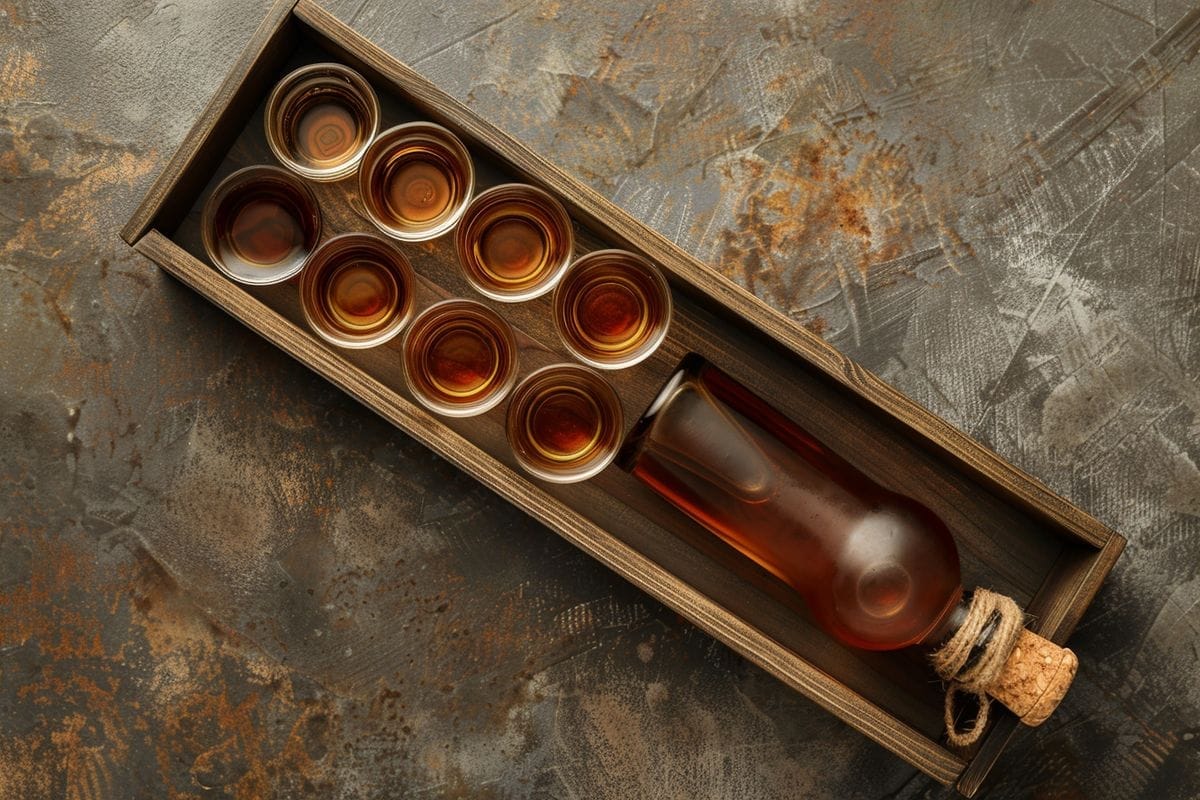 Top view of a rum tasting set with glasses and a bottle