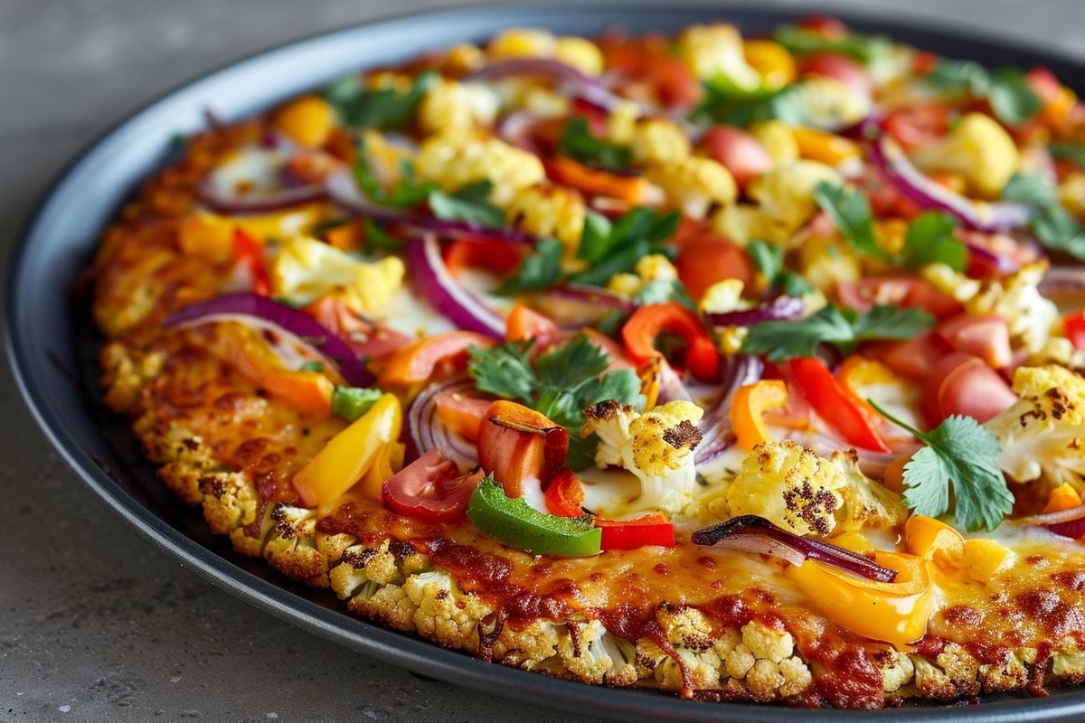 Cauliflower pizza with a crispy crust topped with colorful vegetables and cheese.