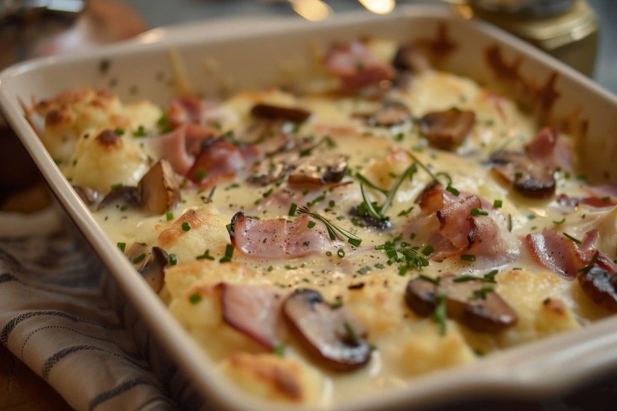 Creamy cauliflower gratin with ham, mushrooms, and nutmeg for a twist.
