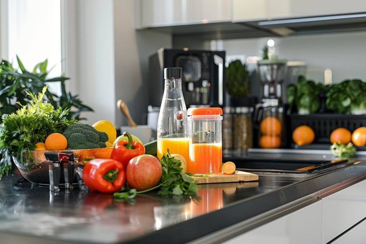 Extractors in a modern kitchen setting with fresh produce and juices