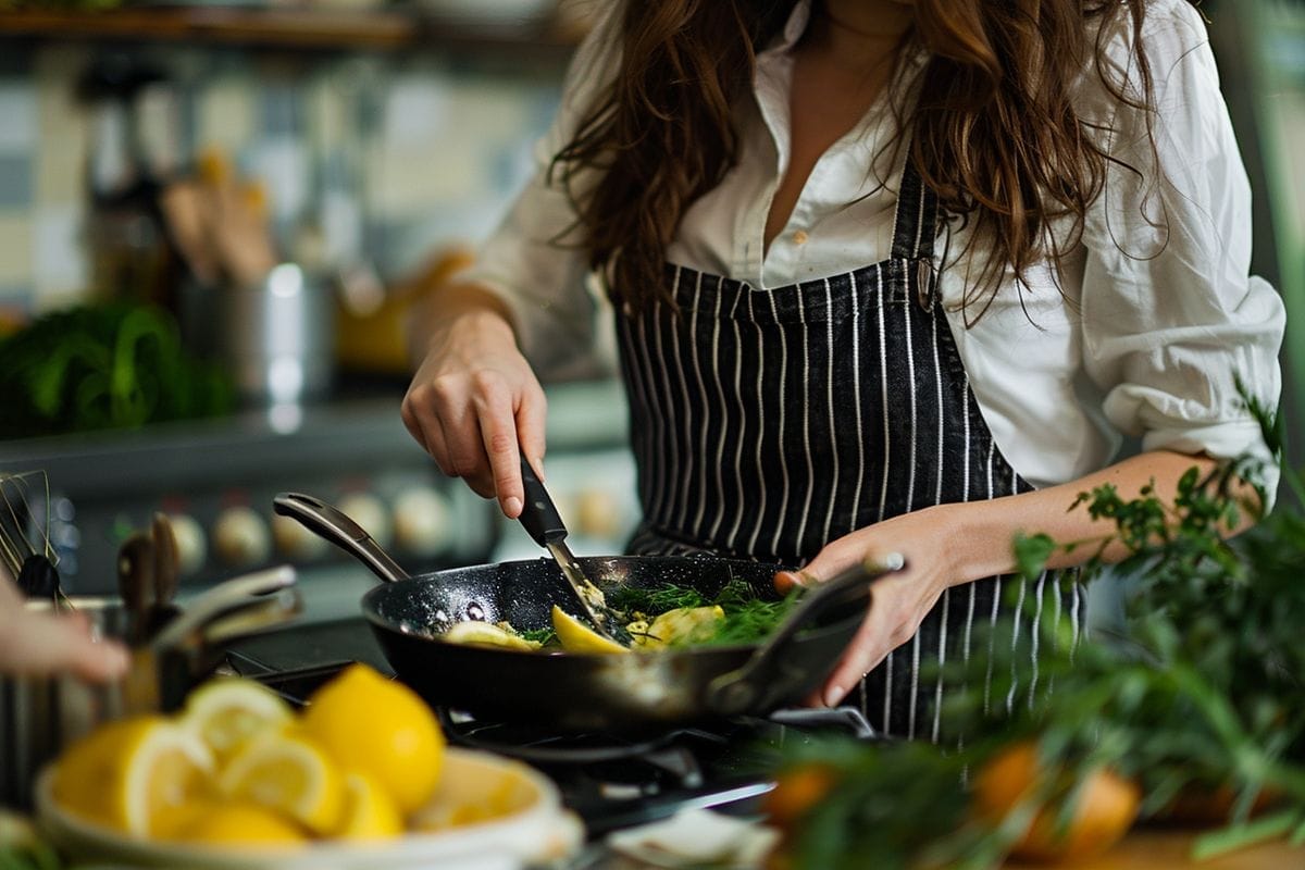 Closeup on a woman happily cooking with organic ingredients in her kitchen