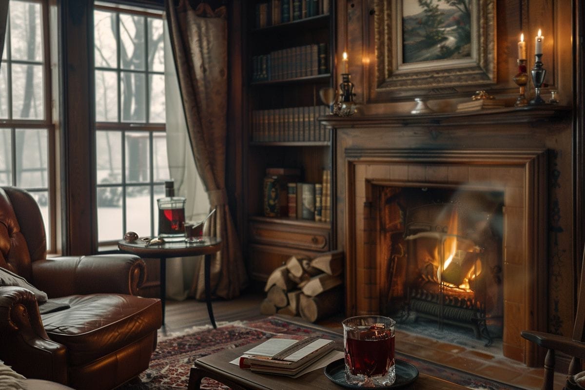 A cozy living room with a fireplace, a book, and a glass of premium aged rum