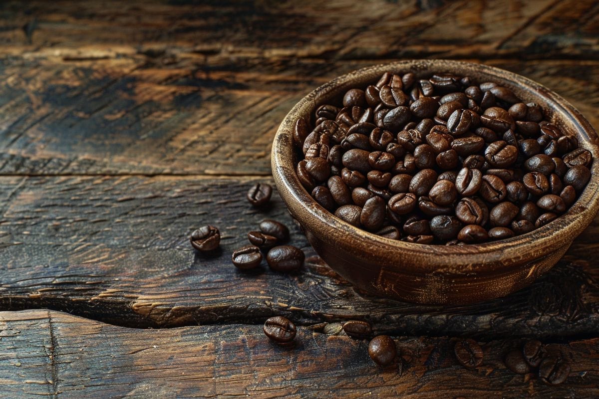 Aromatic coffee beans arranged artistically on a rustic wooden table