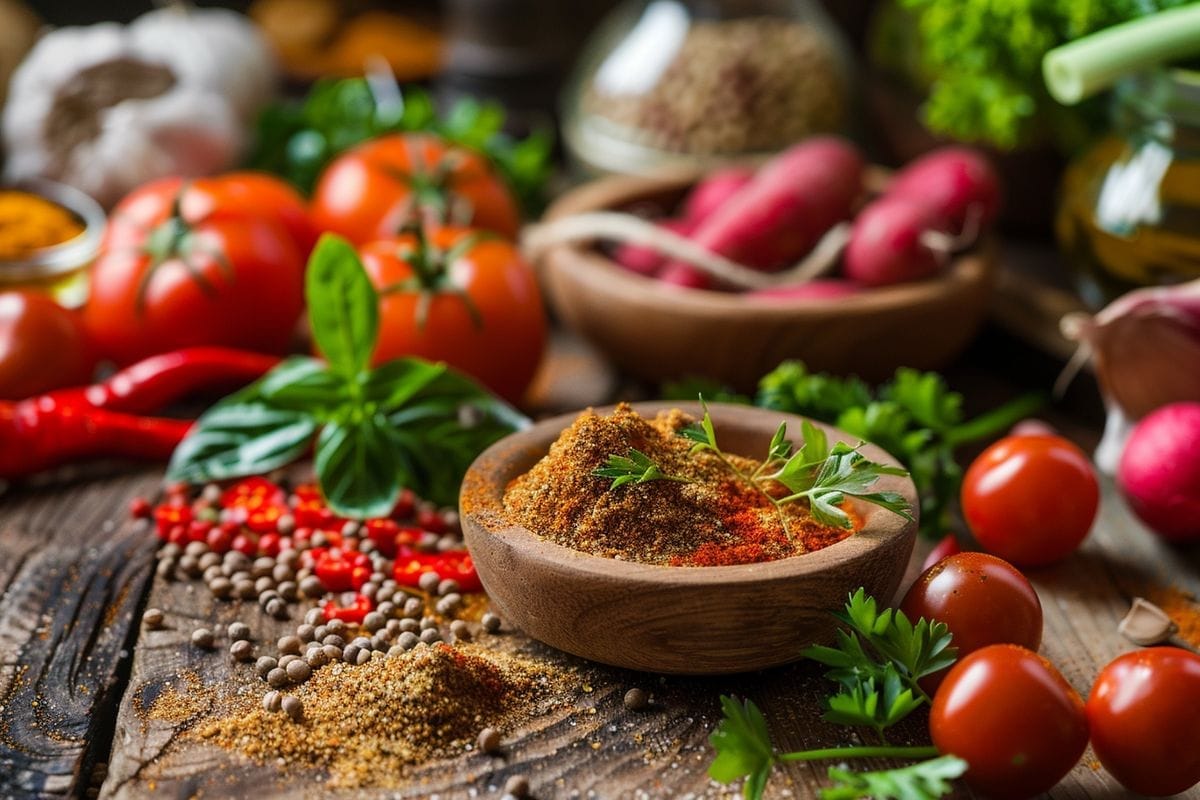 Vibrant cumin seasoning vegetables and legumes in a rustic kitchen