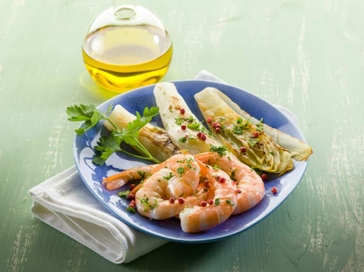 appetizer with shrimp and grilled endive salad