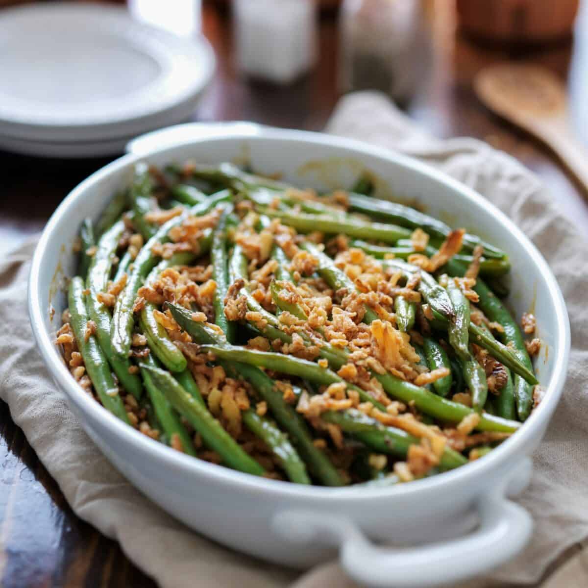 baked green bean casserole topped with french fried onions