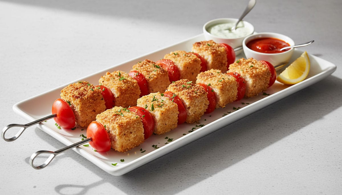 Brochettes de filets de poisson panés