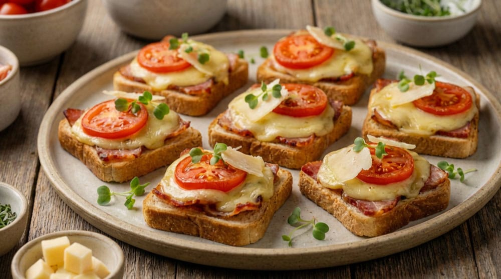 Canapés au bacon, fromage et tomate
