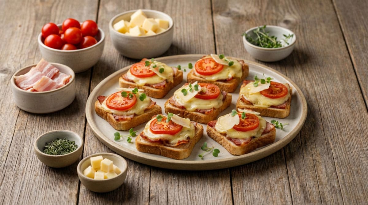 Canapés au bacon, fromage et tomate