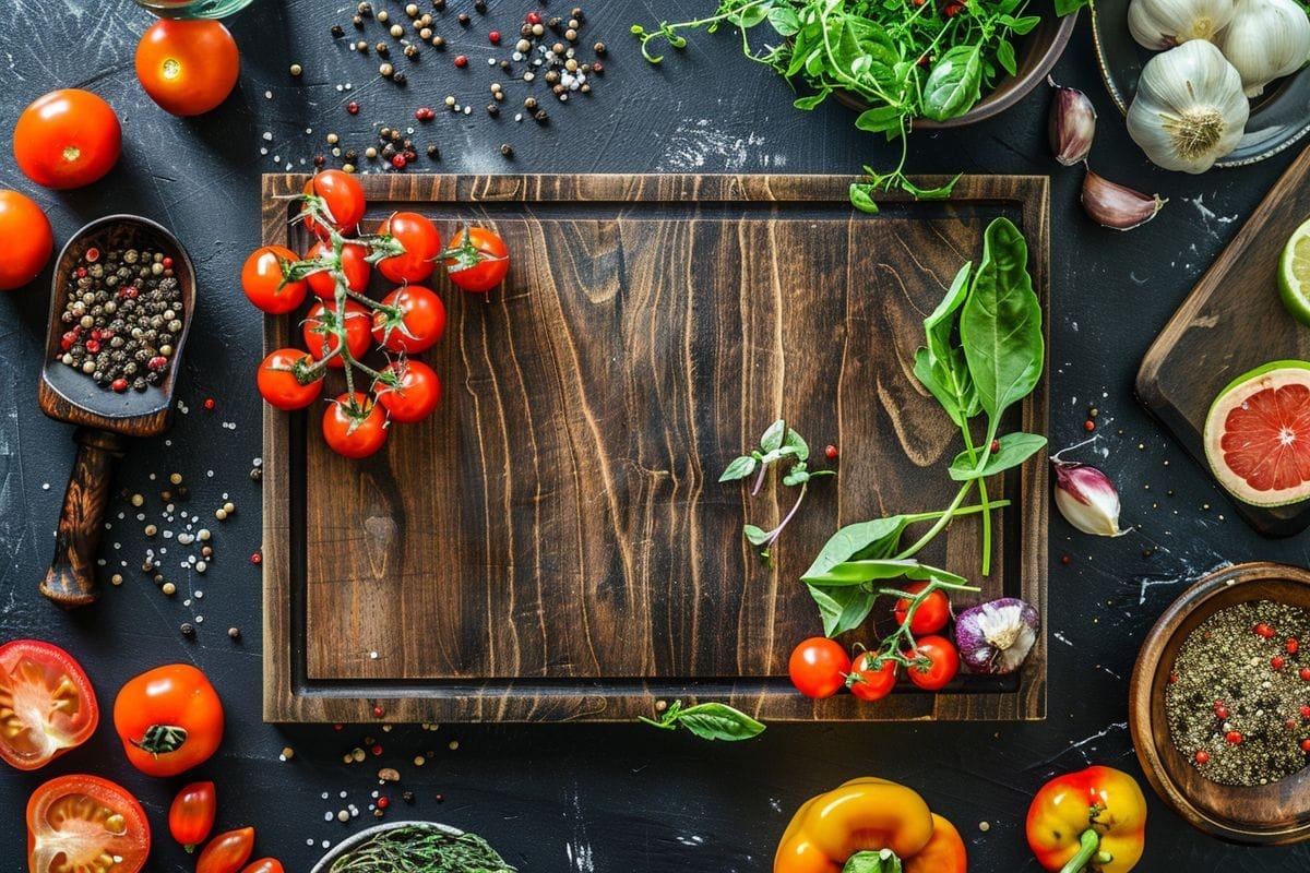 Large cutting board (x cm) ideal for preparing complex meals with multiple ingredients.