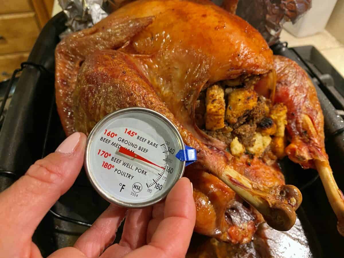 Checking the temperature of the turkey. It's not cooked enough yet, only 160