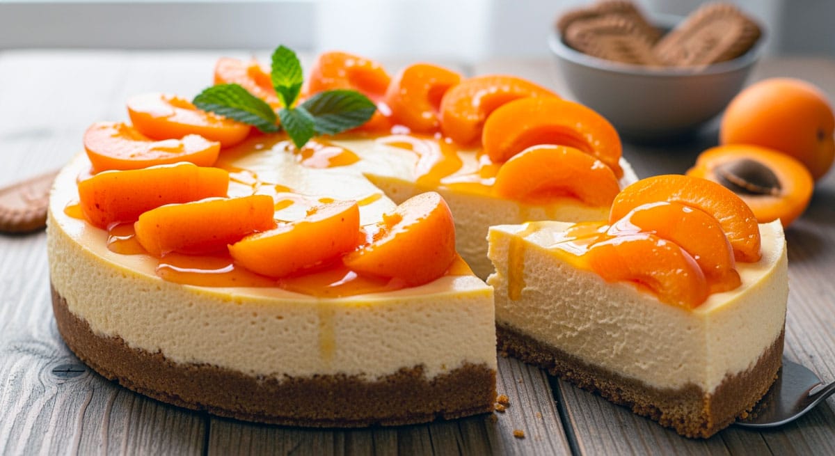 Cheesecake onctueux aux abricots frais sur base de spéculoos