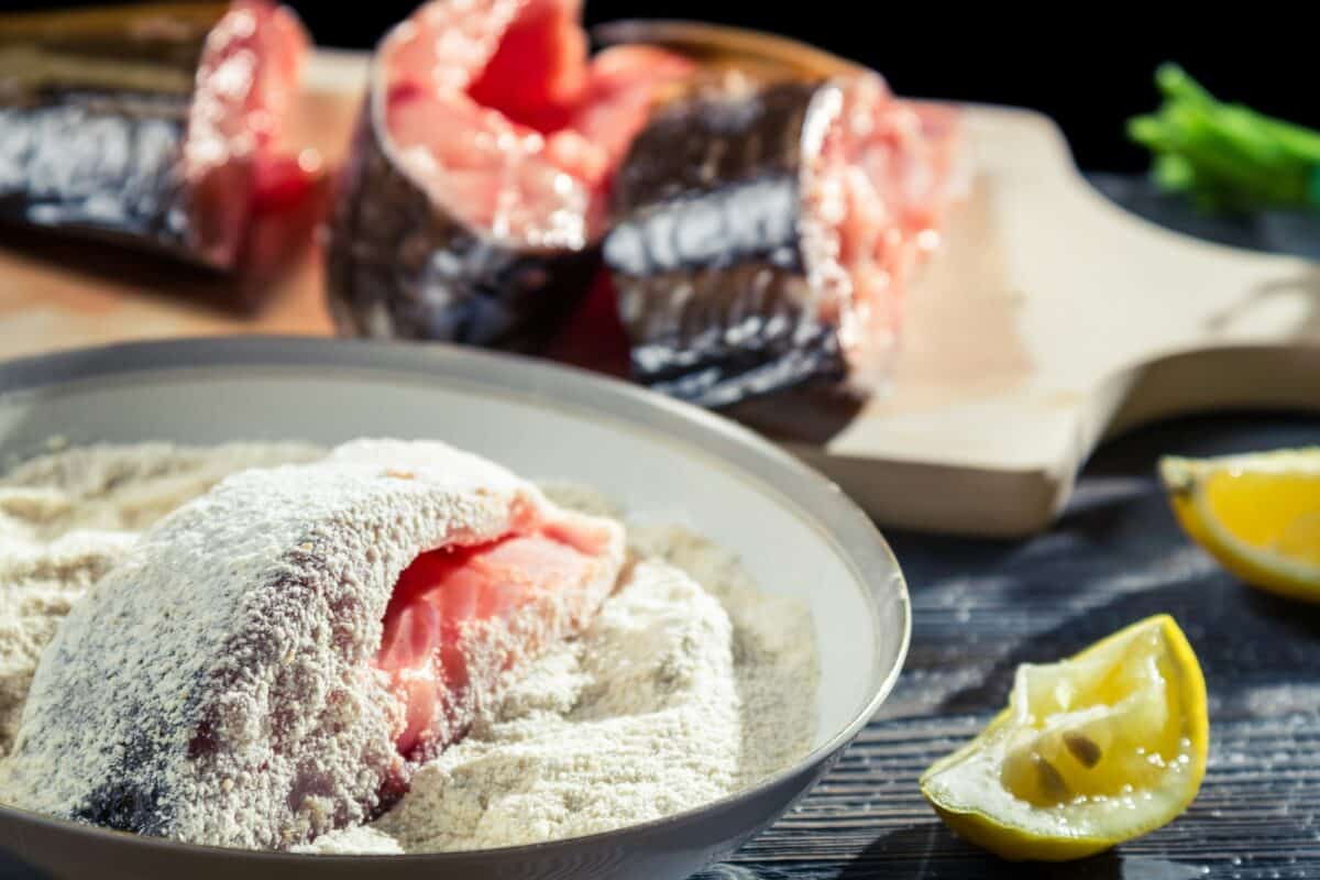Close-up of fresh fish coated in flour