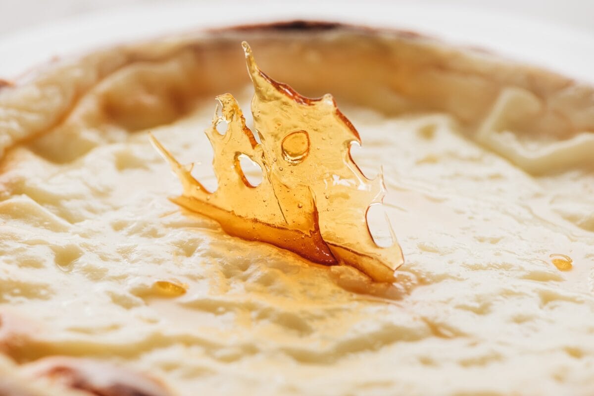 close-up view of caramel on top of delicious flan cake