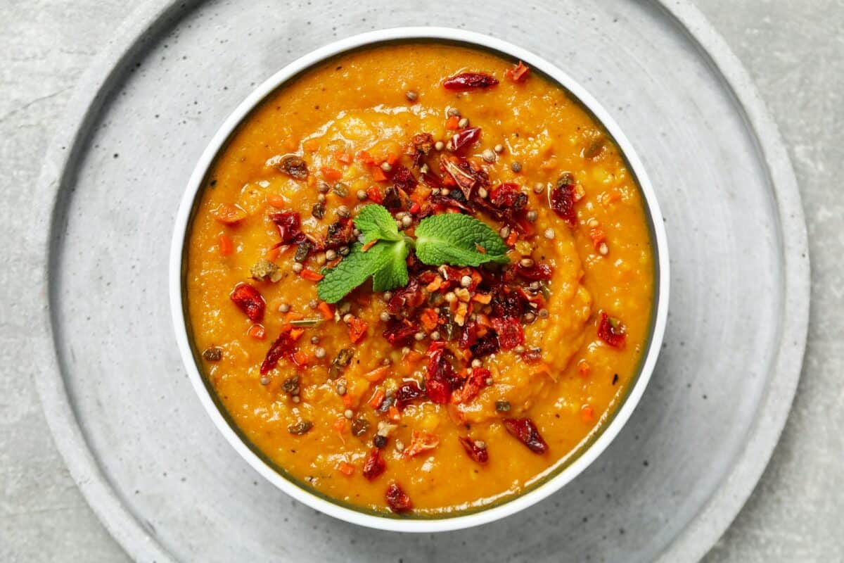 Concept of tasty food, sweet potato puree, top view