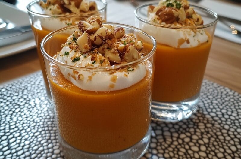 Recette de verrines velouté de butternut aux éclats de châtaignes, surmonté d'une mousse de fromage de chèvre et parsemé de noix torréfiées